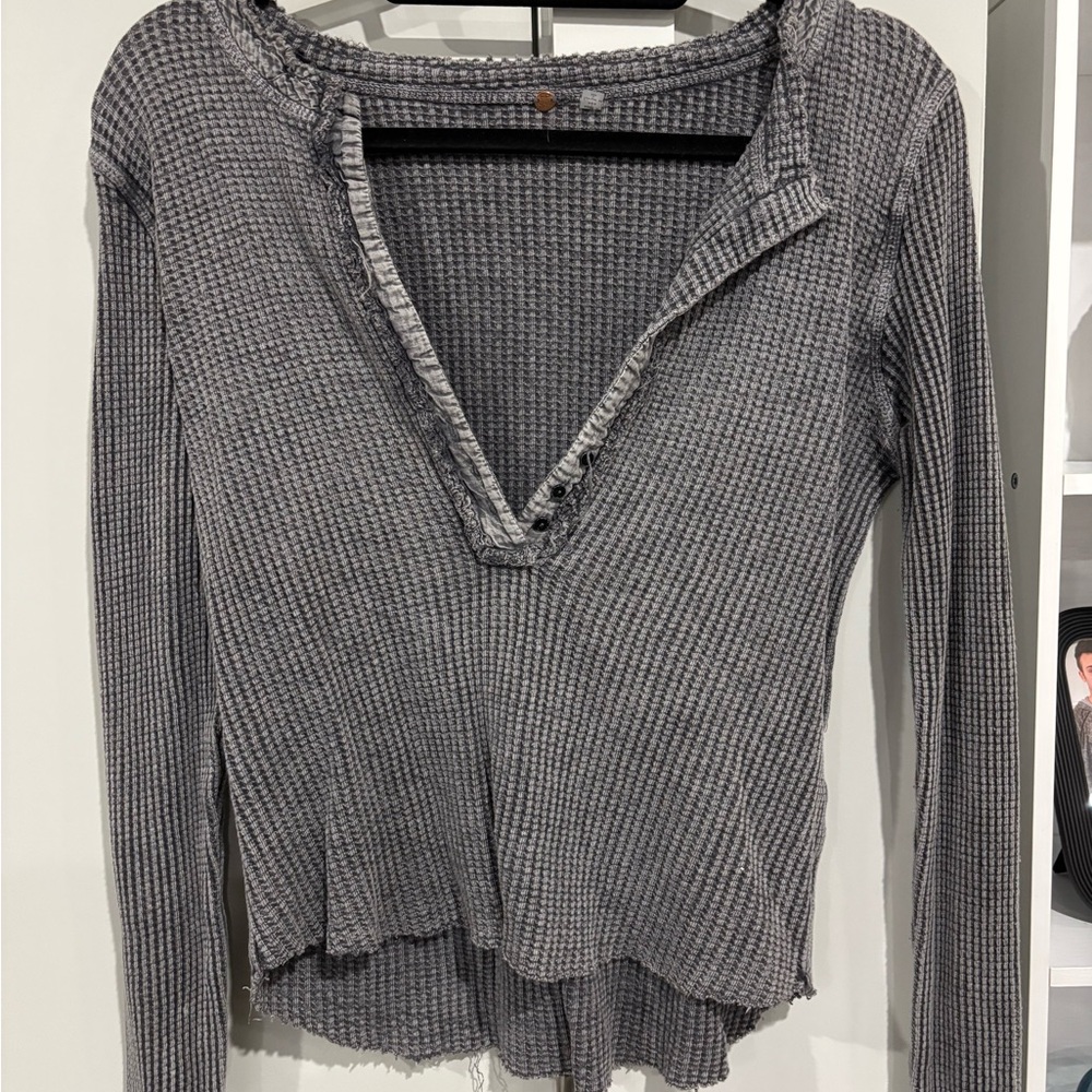 Free People Charcoal Waffle Knit Long Sleeve Top